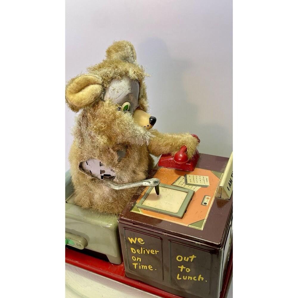 Linemar Tin Toy "I Am The Boss" Drinking Writing Bear Japan 1950s AS-IS - Picture 3 of 15